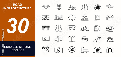 Road infrastructure web icons in line style. Bridge, traffic signal, pedestrian path, highway, tunnel, bicycle lane, city street, navigation sign. Editable stroke. Vector illustration.