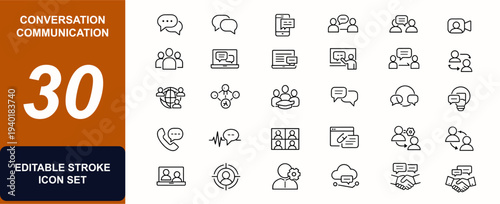 Conversation communication web icons in line style. Teamwork, message exchange, speech bubble, conference call, collaboration, social network. Editable stroke. Vector illustration.