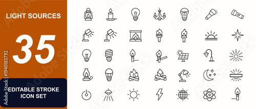 Light sources web icons in line style. Lantern, candle flame, antique bulb, chandelier, LED lamp, fireplace glow, torch, illumination, electric light. Editable stroke. Vector illustration.