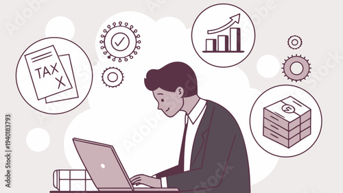 Man working on laptop with business and tax related icons.