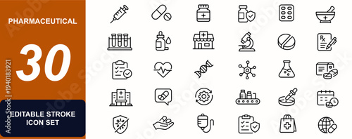 Pharmaceutical web icons in line style. Syringe, capsule, medicine, vaccine, laboratory, pharmacy, microscope, tablet, prescription set. Editable stroke. Vector illustration.