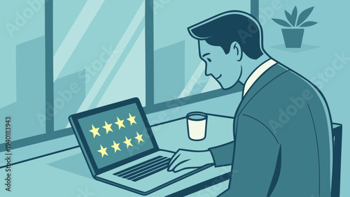 Man working on laptop with star ratings displayed on screen.