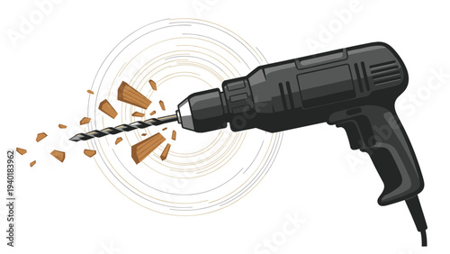 Electric power drill making a hole in wood with flying wood chips and circular motion lines representing construction work.