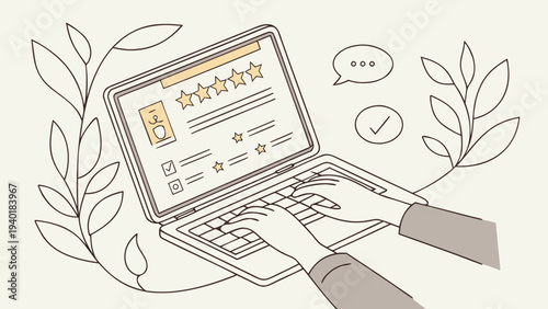 Person typing on laptop with online review and rating interface surrounded by decorative leaves.