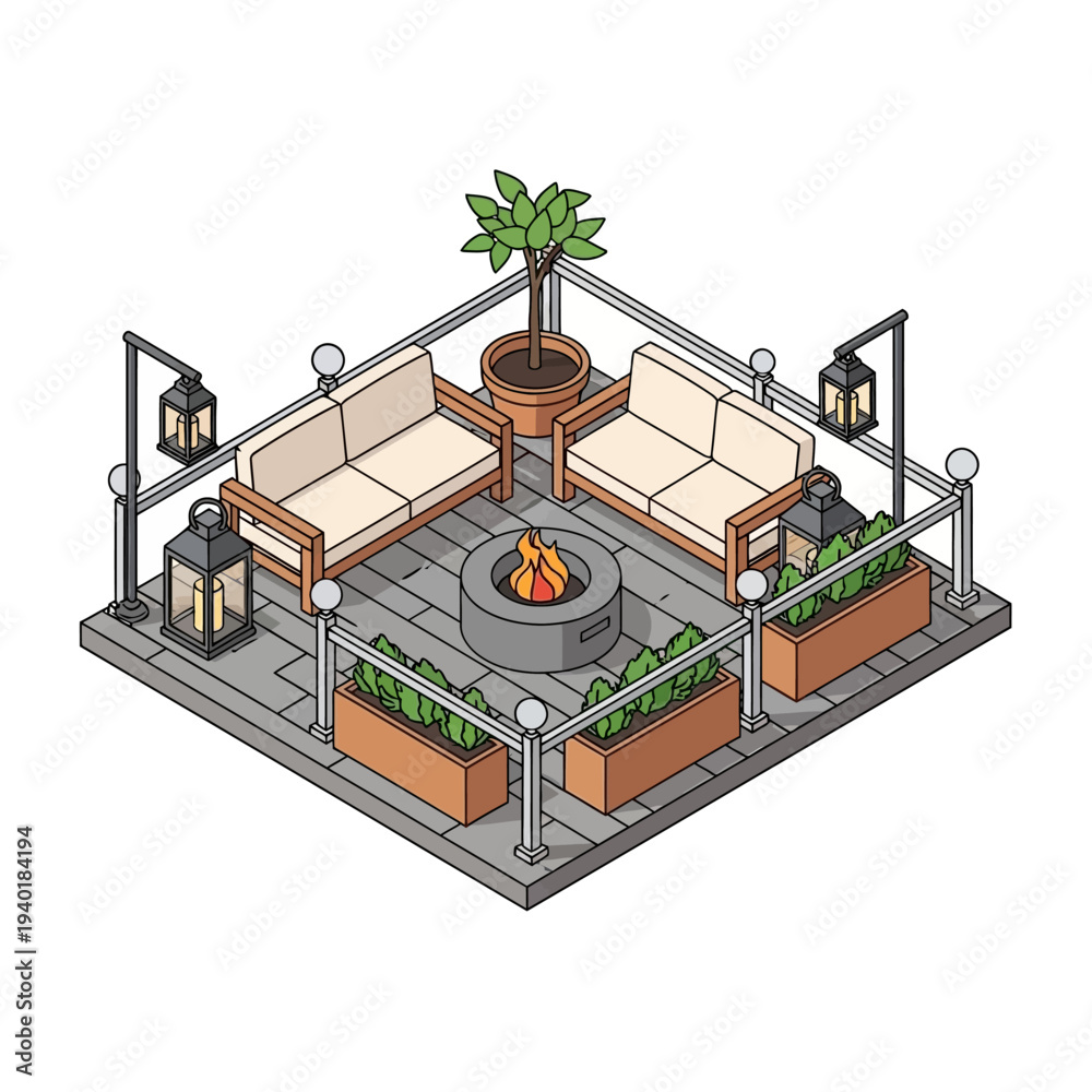 Obraz premium Isometric illustration of a cozy outdoor patio with seating and a fire pit.