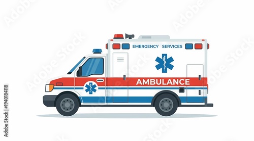 Wallpaper Mural A side view of a modern emergency ambulance vehicle with red and blue stripes, flashing lights, and the Star of Life symbol, on a white background. Torontodigital.ca