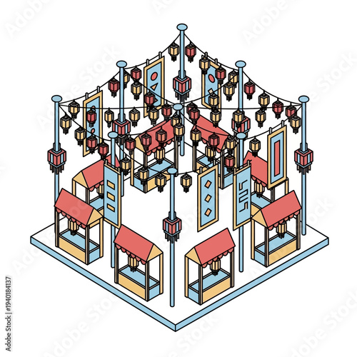 Isometric illustration of a festive outdoor market with stalls and decorations.