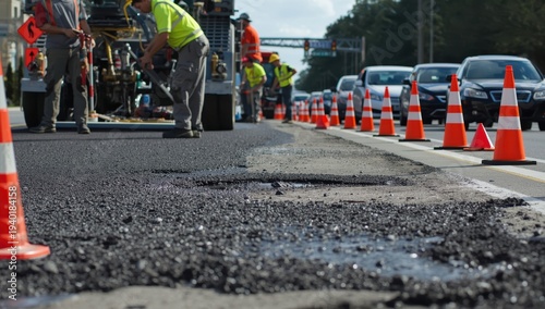 Wallpaper Mural Pothole filling and road resurfacing. Construction zone with traffic signs and cones, repair operations. Asphalt repairs Torontodigital.ca