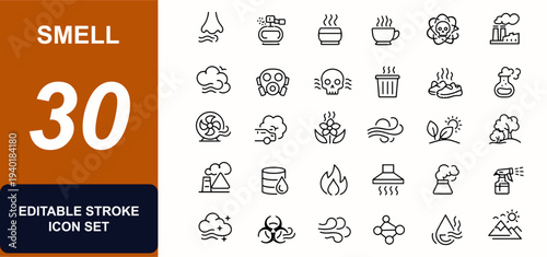 Smell web icons in line style. Fragrance, pollution, diffuser, steam, perfume, toxic gas, kitchen smoke, floral aroma, hazardous fumes, fresh air, factory emission. Editable stroke. Vector illustratio