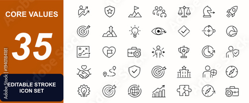 Core values web icons in line style. Leadership, badge, mission, teamwork, ethics, ambition, creativity, vision, quality, strategy icons. Editable stroke. Vector illustration.