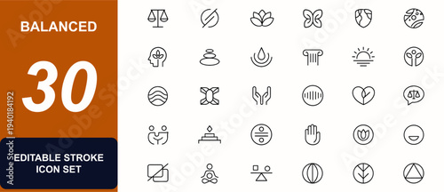 Balanced web icons in line style. Justice scale, equality rights, mental wellness, meditation harmony, legal freedom, social dignity, therapy mind, Editable stroke. Vector illustration.