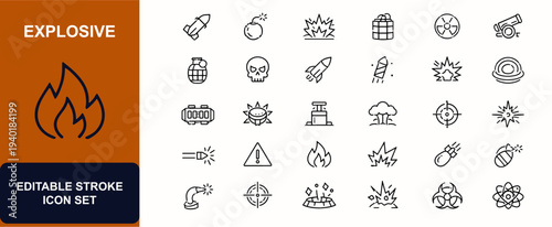 Explosive web icons in line style. Missile, bomb blast, dynamite, nuclear hazard, artillery, grenade, skull warning, firework burst, shockwave impact. Editable stroke. Vector illustration.