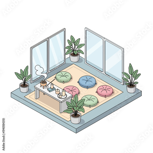 Isometric illustration of a zen room with cushions, plants, and a table.