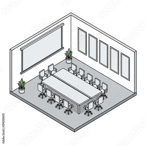 Isometric illustration of a modern conference room with a large table and chairs.