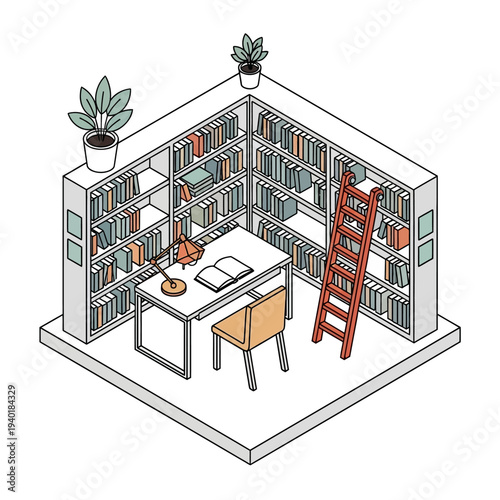 Isometric illustration of a modern home office with bookshelves and desk.