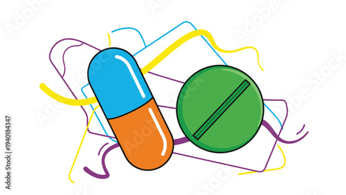 Large blue and orange medicine capsule next to a green circular pill with abstract colorful lines in the background.