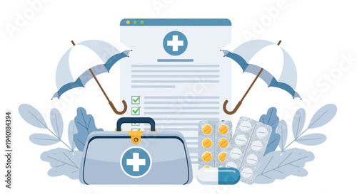 Health insurance concept with medical document, umbrellas, first aid kit, and various blister packs of pills and capsule