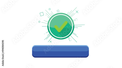 Vibrant green check mark inside a circle above a long blue button representing success, confirmation, or completion.