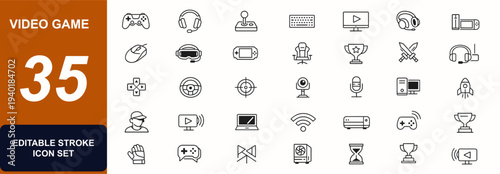 Video game gadgets web icons in line style. Console controller, gaming headset, joystick pad, computer keyboard, esports gear, cyber entertainment. Editable stroke. Vector illustration.