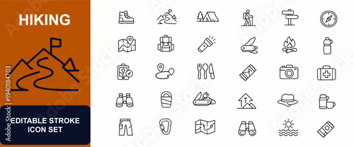 Hiking web icons in line style. Adventure trekking, camping tent, mountain trail, backpack gear, compass map, campfire, outdoor tourism. Editable stroke. Vector illustration.