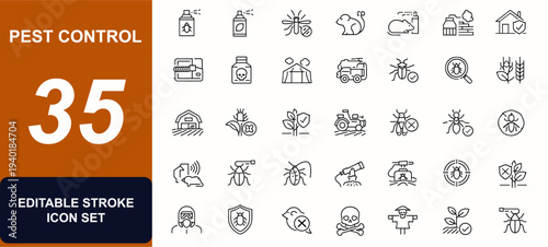 Pest control web icons in line style. Insect spray, mosquito repellent, rodent trap, termite treatment, farm protection, crop safety, beetle control. Editable stroke. Vector illustration.