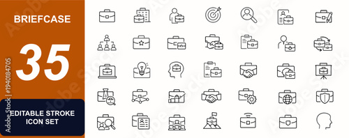 Briefcase web icons in line style. Business career, office work, partnership handshake, recruitment hiring, entrepreneur contract, corporate employment. Editable stroke. Vector illustration.