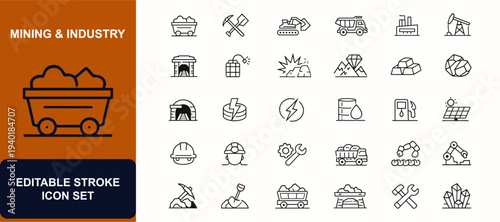 Mining and industry web icons in line style. Coal extraction, heavy machinery, factory plant, ore shovel, underground shaft, power resource, engineer helmet. Editable stroke. Vector illustration.