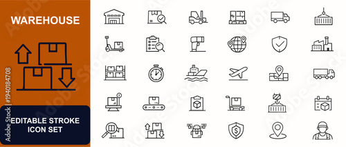 Warehouse web icons in line style. Logistics hub, cargo box, forklift truck, pallet storage, freight delivery, inventory shelf, industrial transport. Editable stroke. Vector illustration.