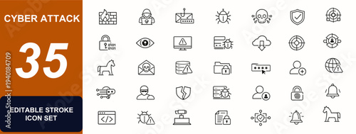 Cyber attack web icons in line style. Firewall security, hacker threat, phishing email, malware virus, data privacy, shield protection, network risk. Editable stroke. Vector illustration.