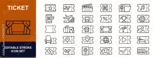 Ticket web icons in line style. Event booking, flight pass, cinema entry, QR code scan, travel document, festival access, passenger seat. Editable stroke. Vector illustration.