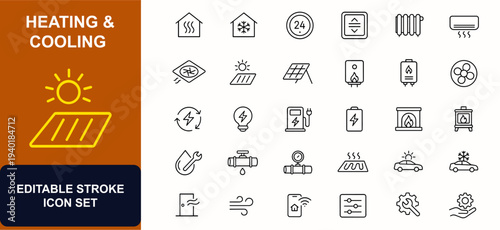 Heating and cooling web icons in line style. Home ventilation, thermostat control, radiator heater, air conditioning, solar energy, plumbing repair. Editable stroke. Vector illustration.