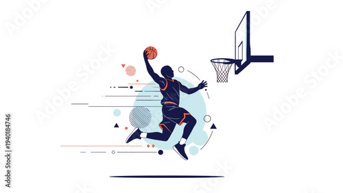 Professional basketball player in mid-air leaping towards the hoop for a scoring shot on an abstract background.