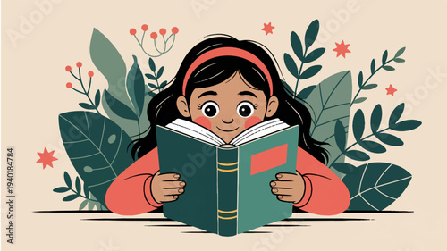 Young girl reading a book surrounded by lush green leaves and vibrant flowers in a serene setting