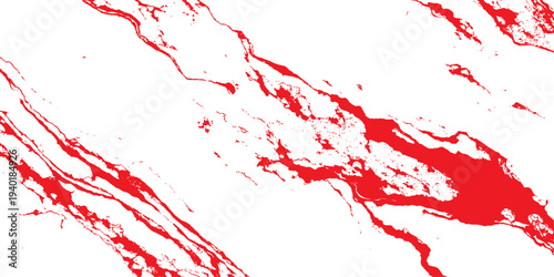 Red paint splashes and blood ink splatters create a grunge liquid texture with drips and spray patterns on a red backdrop for this artistic vector illustration design