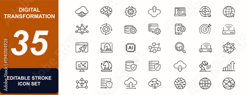 Digital transformation web icons in line style. Cloud computing, AI automation, business innovation, software services, network connection, online strategy, smart servers. Vector illustration.
