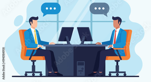 Two businessmen in office discussing ideas at computers, symbolizing teamwork, communication, collaboration, strategy, partnership and business meeting.