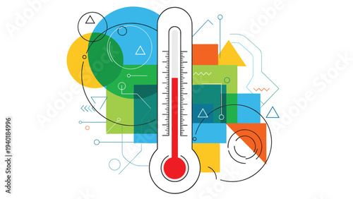 Medical or laboratory thermometer showing a red temperature level against an abstract colorful geometric background.
