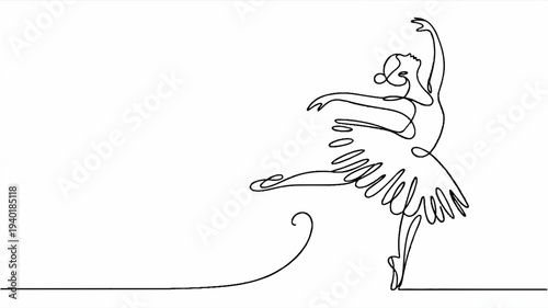 Ballerina dancing in elegant pose one line art style illustration simple black and white design