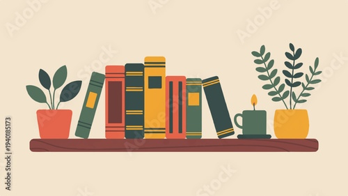 Cozy bookshelf with books plants and coffee cup on wooden shelf warm beige background inviting reading nook atmosphere