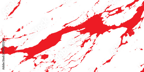 A red paint splash background with grunge blood splatters and ink drips creates a textured art illustration featuring spray stains and a dirty vector pattern design