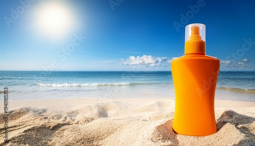 Sunscreen Bottle On Sandy Beach With Ocean Backdrop Blue Sky And Sun