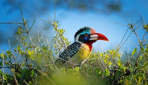 Closeup Of A Colorful Crested Barbet Perched In The Middle Of Greenish Bush In Okavango Delta In Moremi Game Reserve Botswana