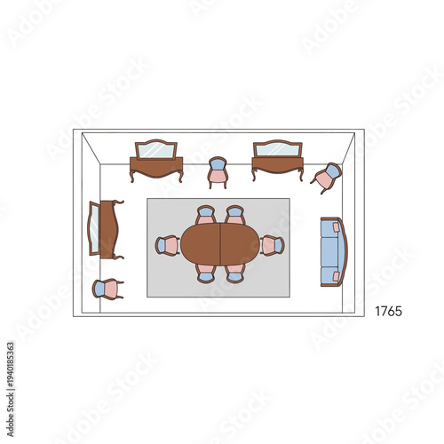 A floor plan illustration of a room with furniture