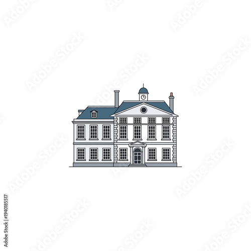 A large white building with a blue roof and multiple windows and chimneys on the sides