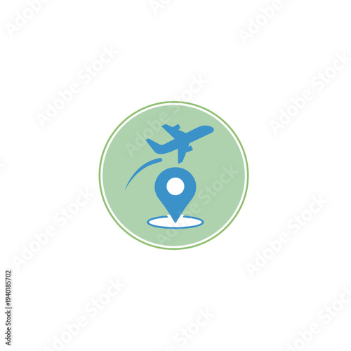 A blue airplane flying over a location pin on a green circle background with a white interior