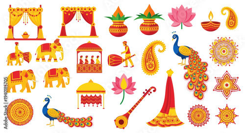 Indian Wedding Elements: Elephants, Peacock, Mandap, Lotus, Diya, Sitar