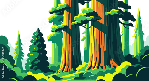 Majestic Redwood Forest Landscape, Lush Green Trees, Sunlight Rays, Nature