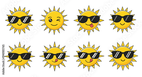 Cute Sun Characters with Sunglasses - Set of 8 Different Expressions