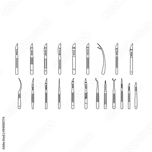 Collection of various surgical scalpels