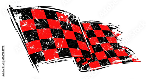 Distressed Checkered Flag Waving, Racing Sport Symbol, Grunge Style